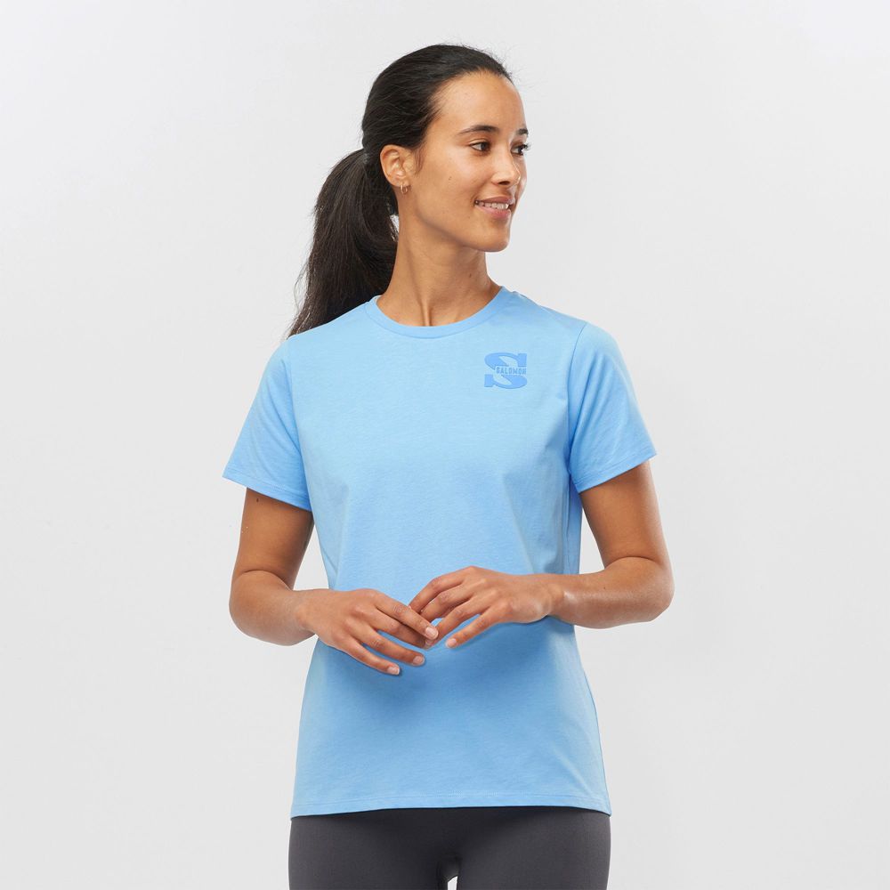 SALOMON OUTLIFE SMALL LOGO SS W Philippines - Women's Tee Shirts - Light Blue | 389620-FPS